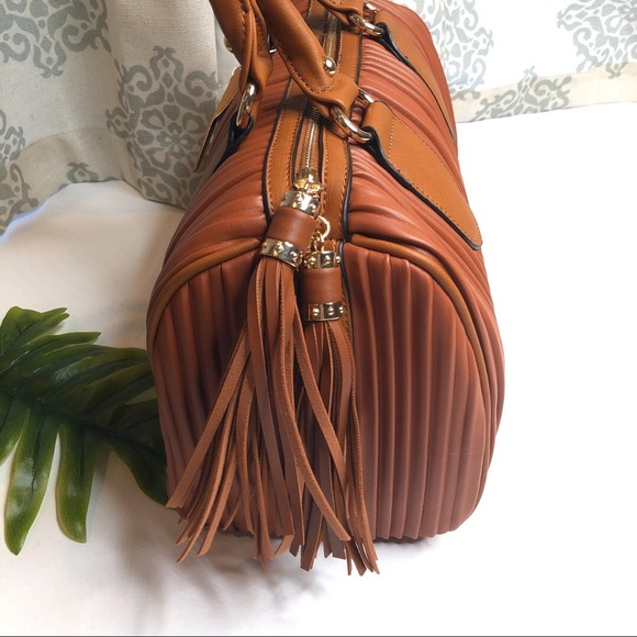 Vegan leather speedy handbag cognac brown fringe - Picture 3 of 8